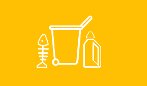 Icons von einer Fischgräte, einem Abfallcontainer und einer Flasche Waschmittel.